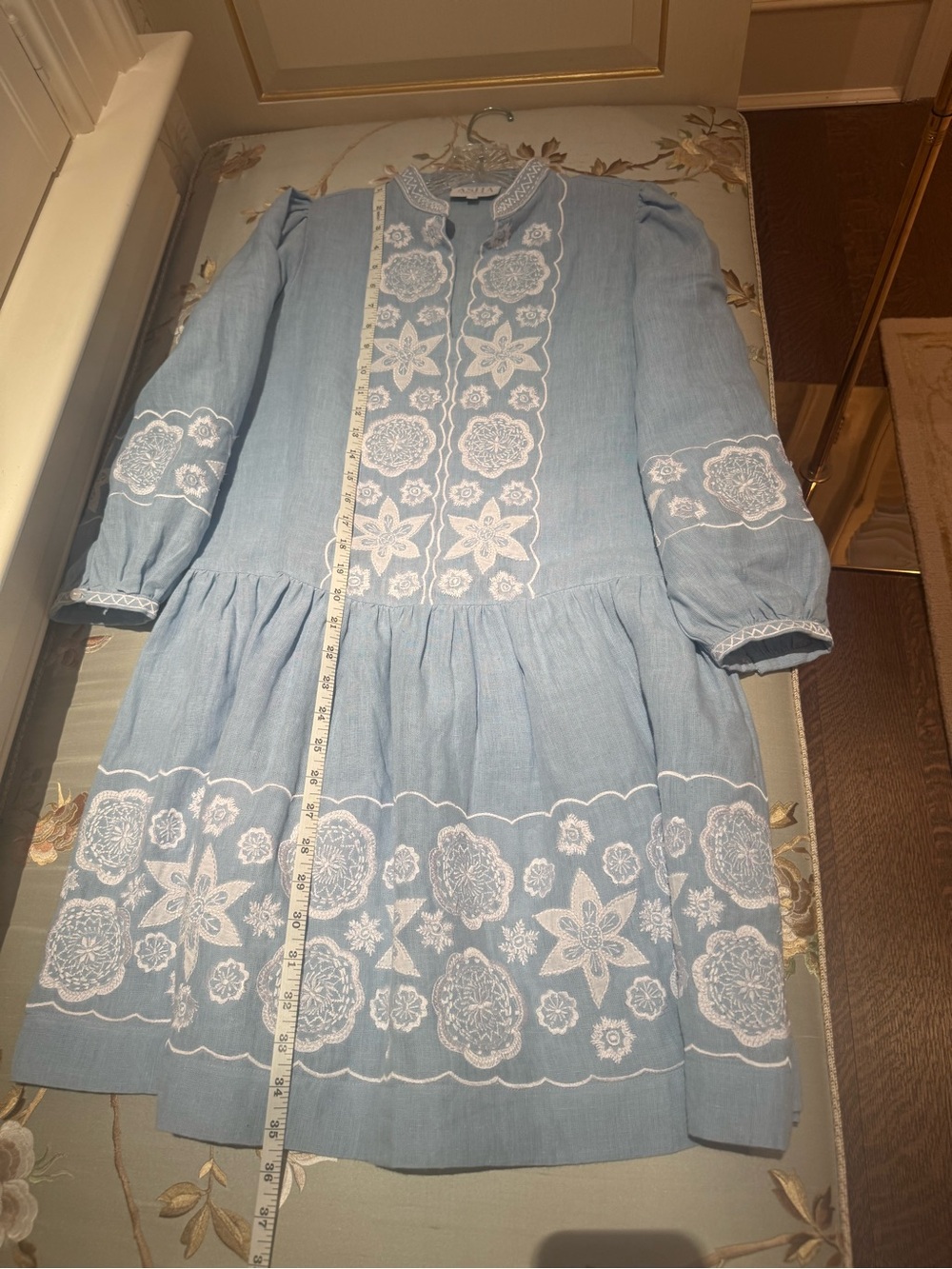 ASHA by Ashley McCormick Light Blue Embroidered Mini Dress w/ White Floral Trim - Picture 9 of 9